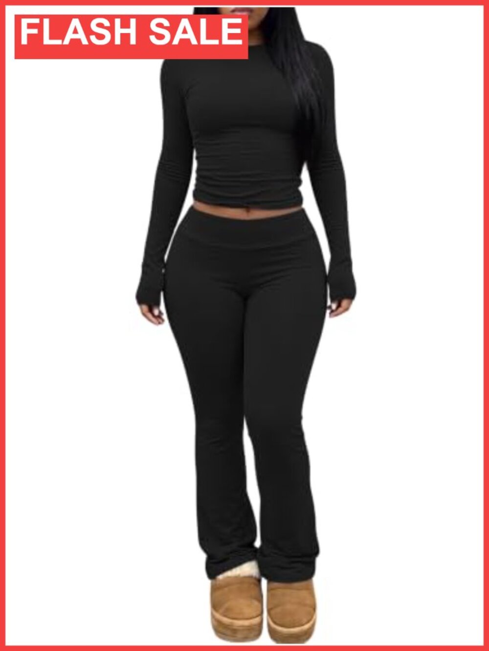 Slim Fit Fleece Lined Long Sleeve Crop Top and Flare Pants Lounge Set